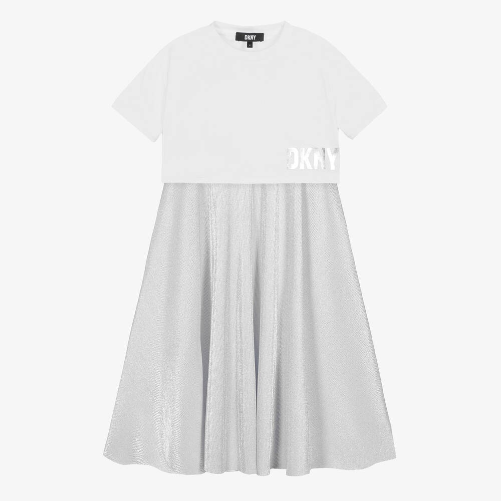 DKNY - فستان 2 قي 1 قطن جيرسي وبليسيه لون أبيض وفضّي | Childrensalon