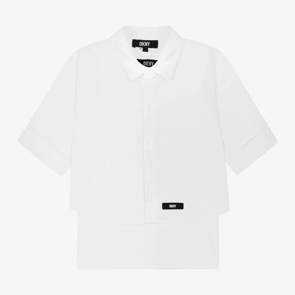 DKNY - قميص 2 في 1 قطن بوبلين لون أبيض للبنات | Childrensalon