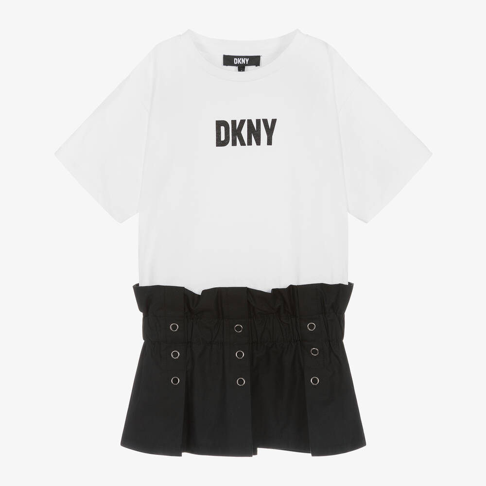 DKNY - Girls White & Black Cotton Dress | Childrensalon