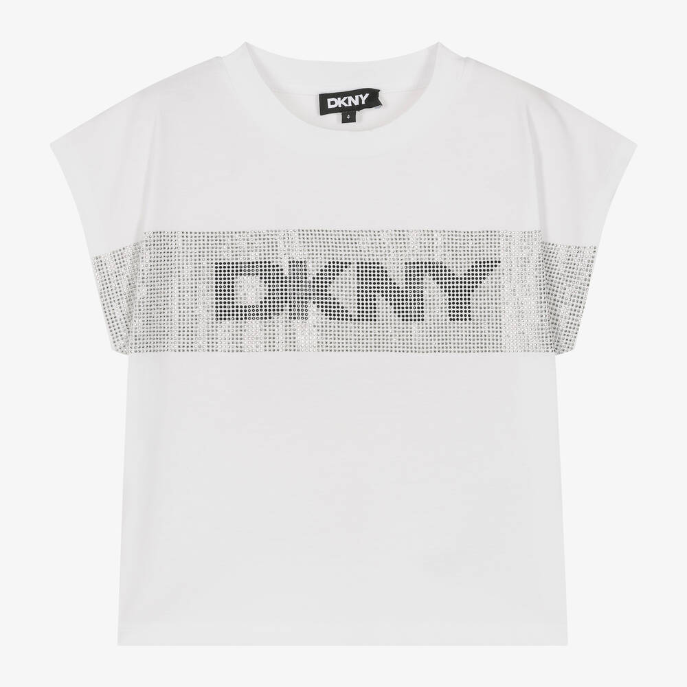 DKNY - Girls White Cotton Studded T-Shirt | Childrensalon