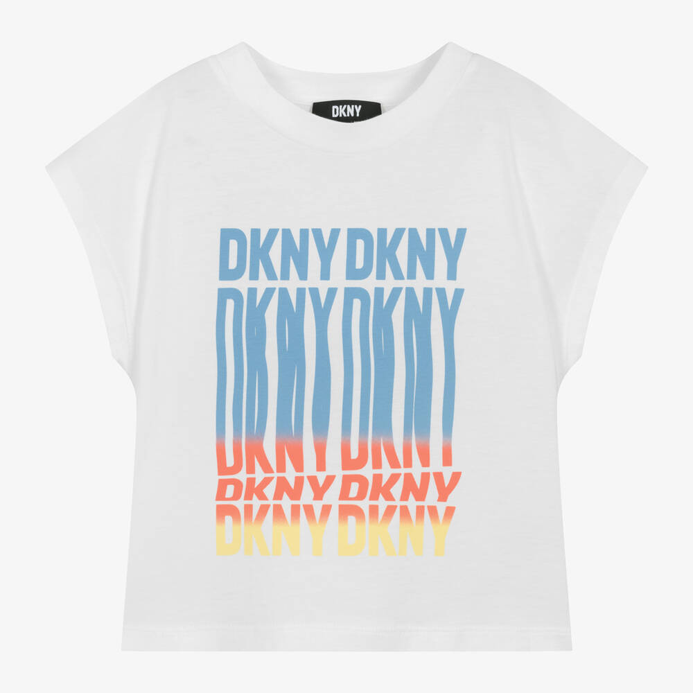 DKNY - تيشيرت قطن جيرسي عضوي لون أبيض للبنات | Childrensalon