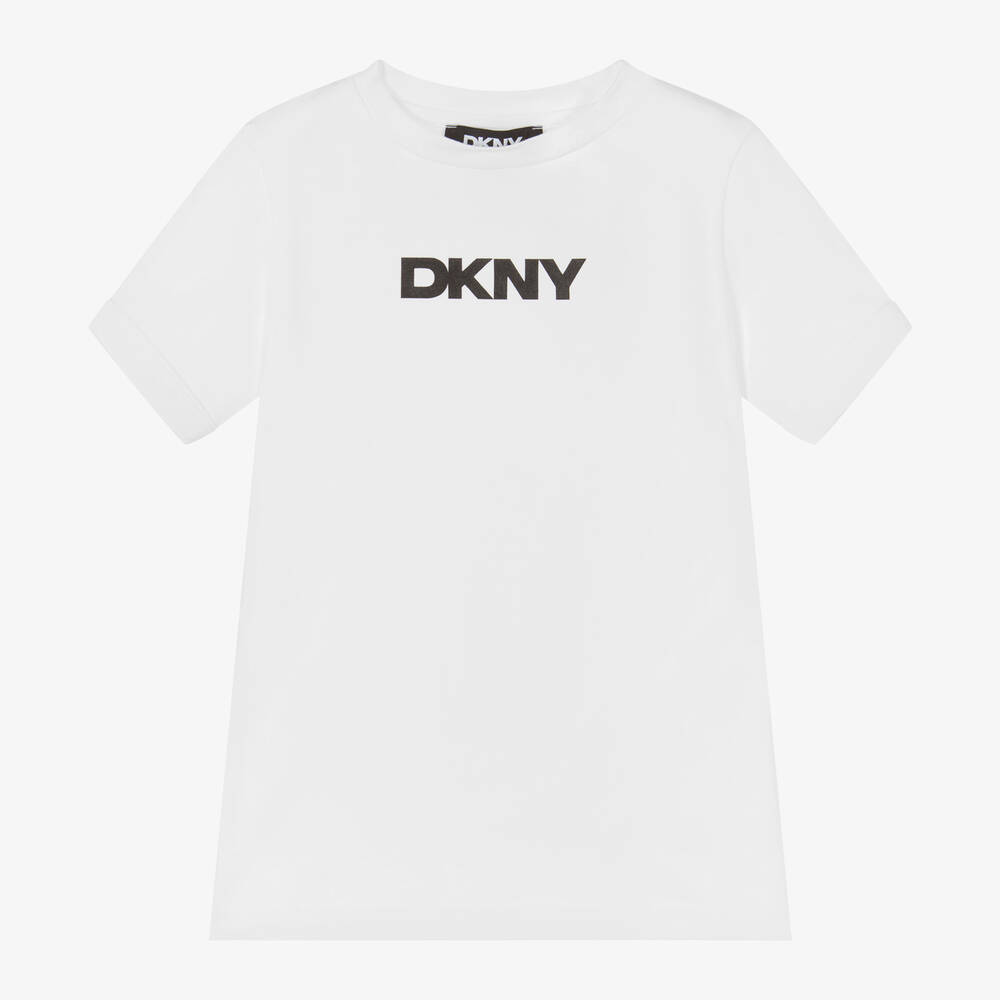 DKNY - Girls White Cotton T-Shirt | Childrensalon