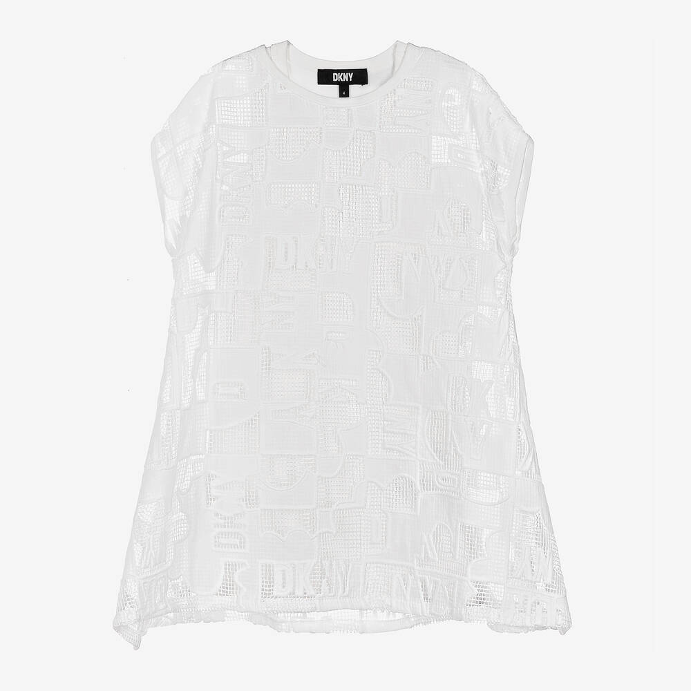 DKNY - فستان قطن جيرسي وشبك مطرز لون أبيض | Childrensalon