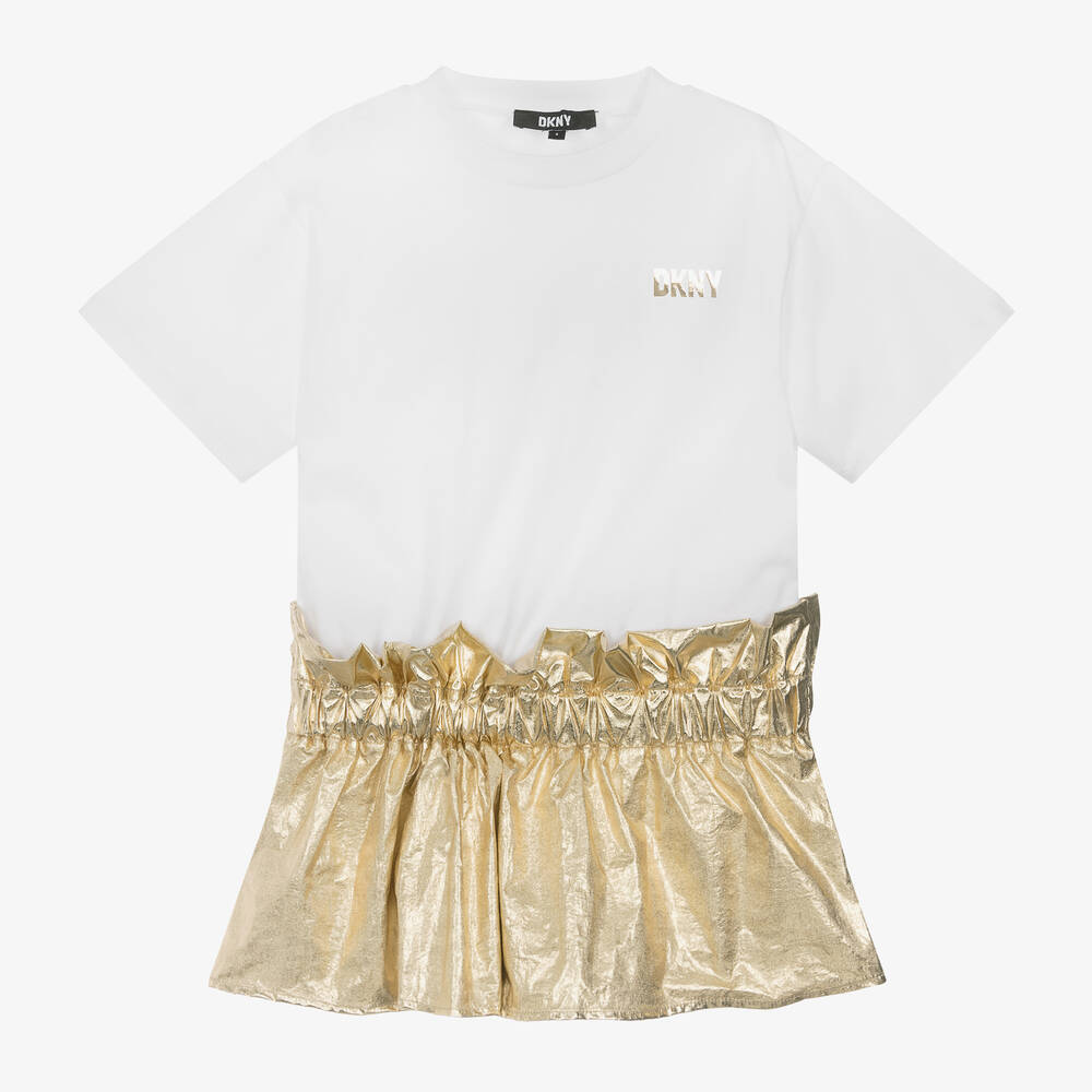 DKNY - فستان قطن لون أبيض وذهبي | Childrensalon