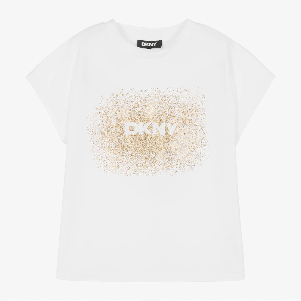 DKNY - Girls White & Gold Cotton T-Shirt | Childrensalon