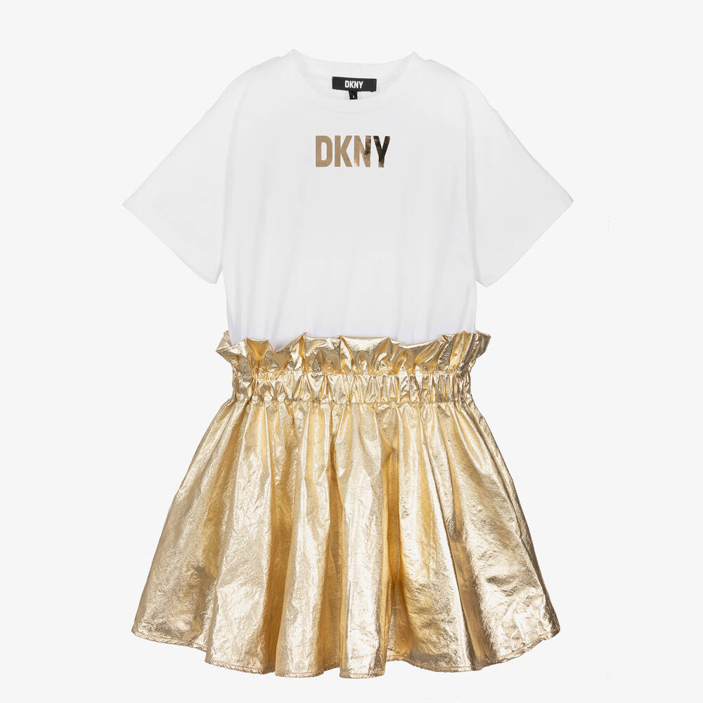 DKNY - Girls White & Gold T-Shirt Dress | Childrensalon