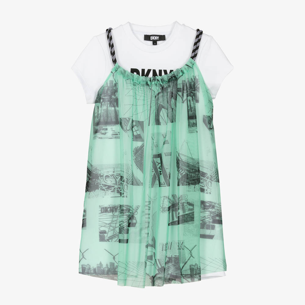 DKNY - فستان 2 في 1 ميلانو جيرسي وشبك لون أخضر وأبيض | Childrensalon
