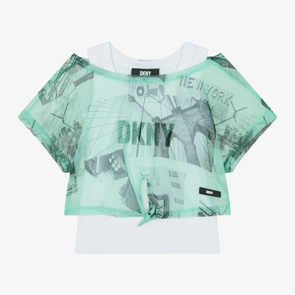 DKNY - توب 2 في 1 قطن جيرسي وشبك لون أبيض وأخضر | Childrensalon