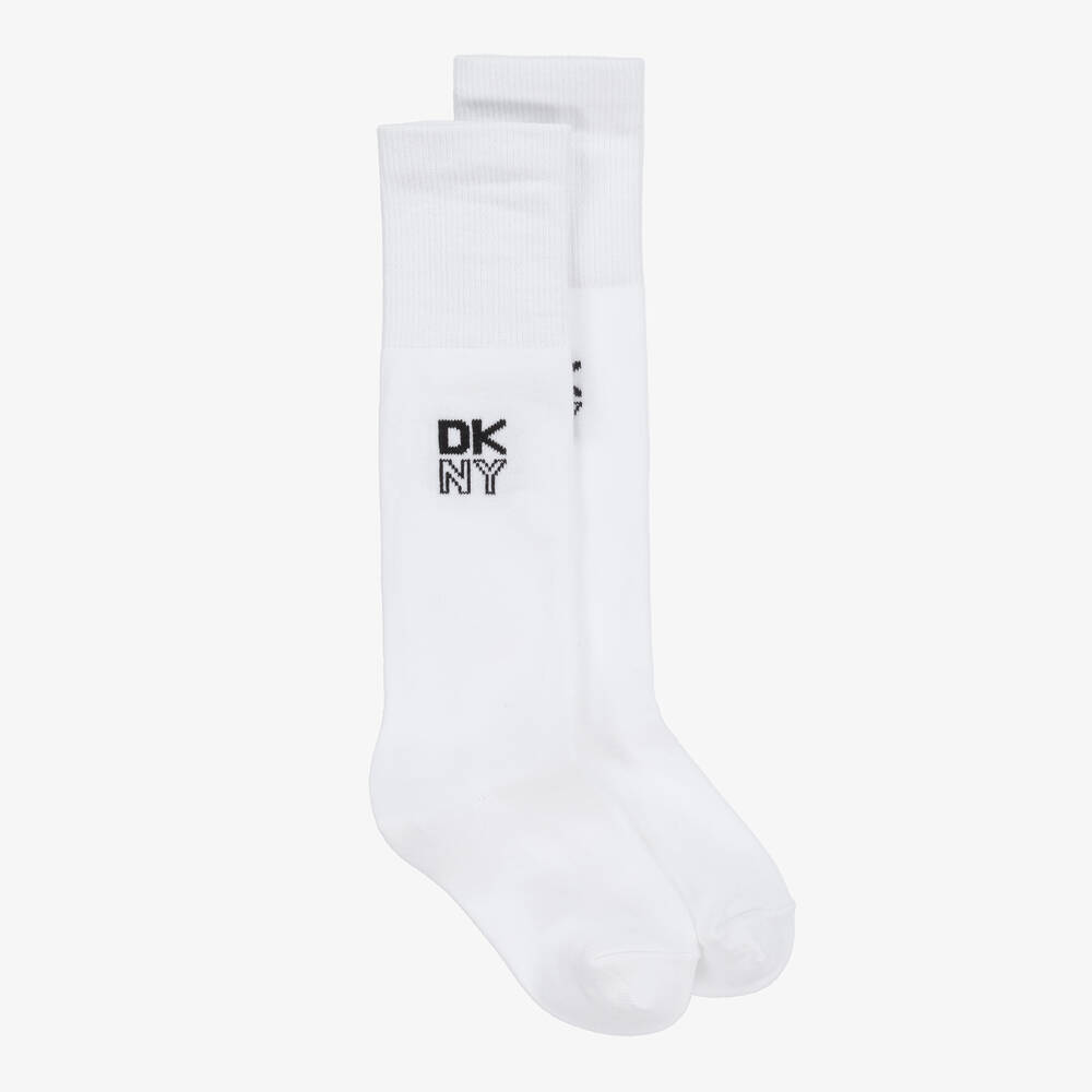 DKNY - جوارب طويلة قطن محبوك لون أبيض للبنات | Childrensalon
