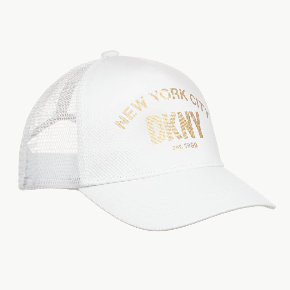 DKNY - كاب قطن تويل وشبك لون أبيض للبنات | Childrensalon