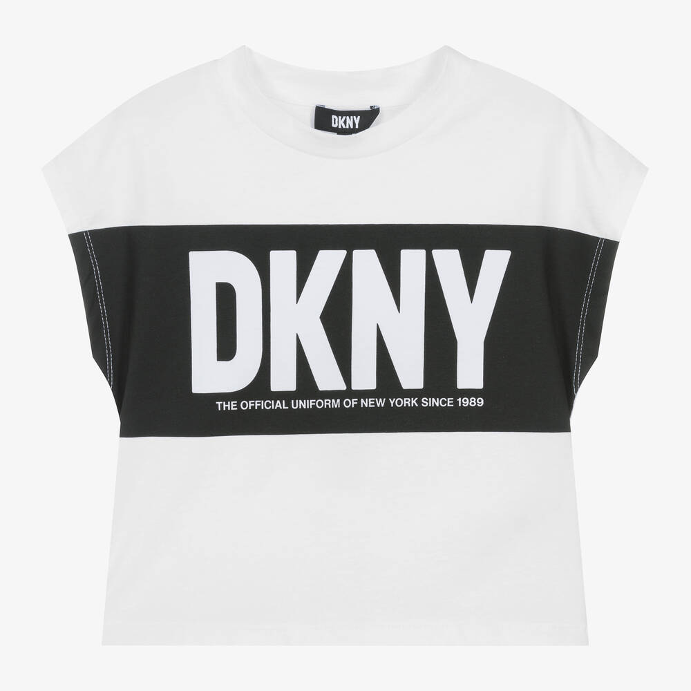DKNY - تيشيرت قطن جيرسي عضوي لون أبيض وأسود للبنات | Childrensalon