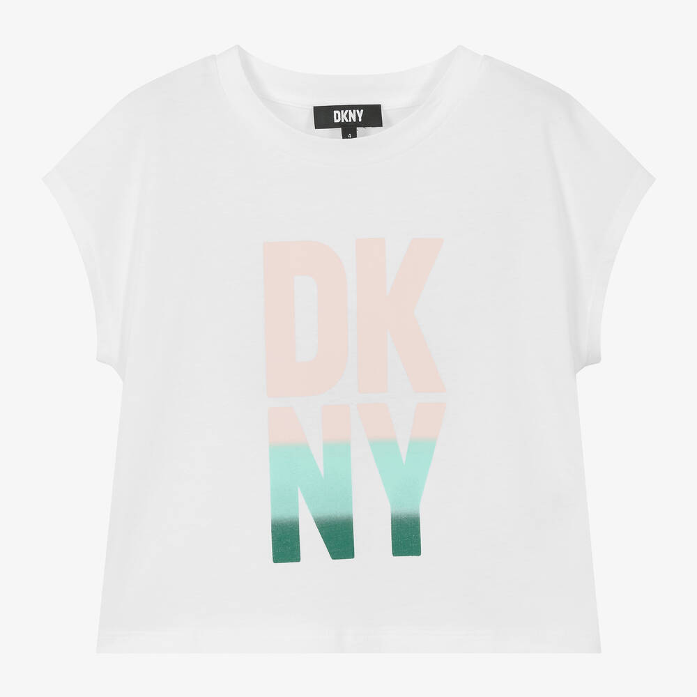 DKNY - تيشيرت قطن عضوي جيرسي لون أبيض للبنات | Childrensalon