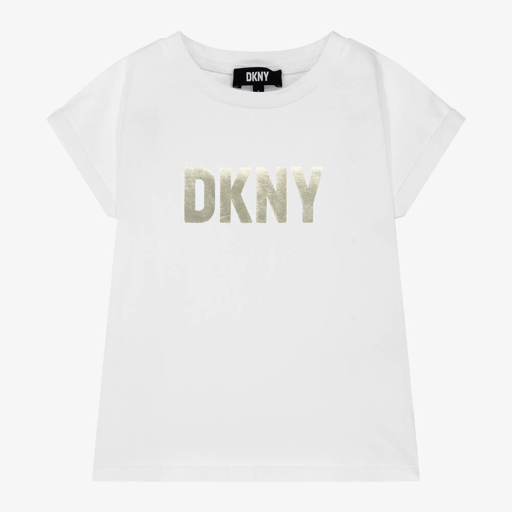 DKNY - تيشيرت قطن عضوي لون أبيض للبنات | Childrensalon
