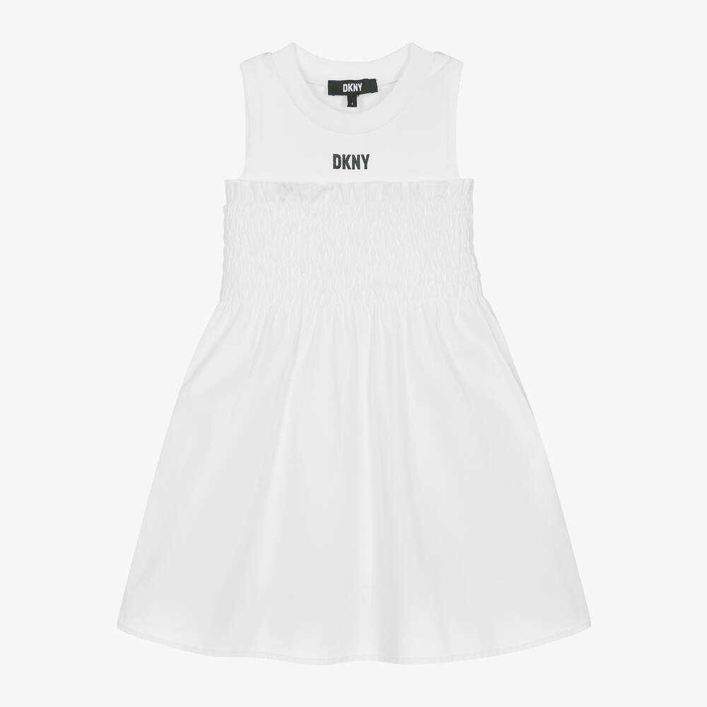 DKNY - Girls White Shirred Cotton Dress | Childrensalon