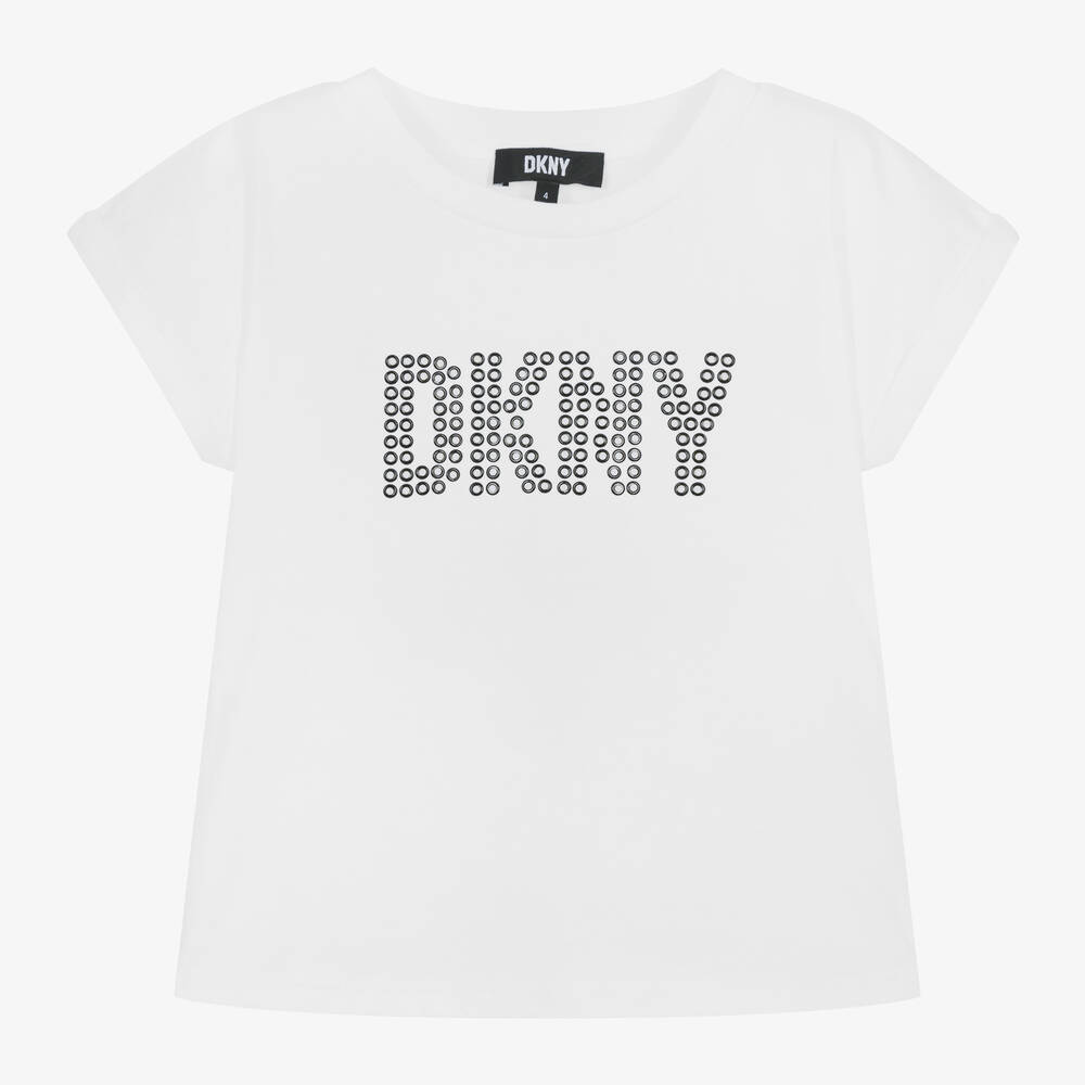 DKNY - Girls White Studded Cotton T-Shirt | Childrensalon