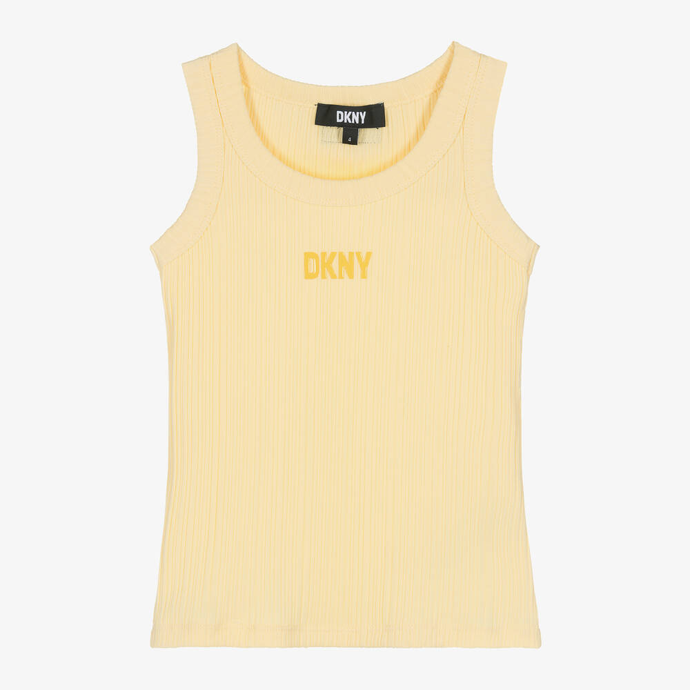 DKNY - توب فيست قطن جيرسي مضلع لون أصفر فاتح للبنات | Childrensalon