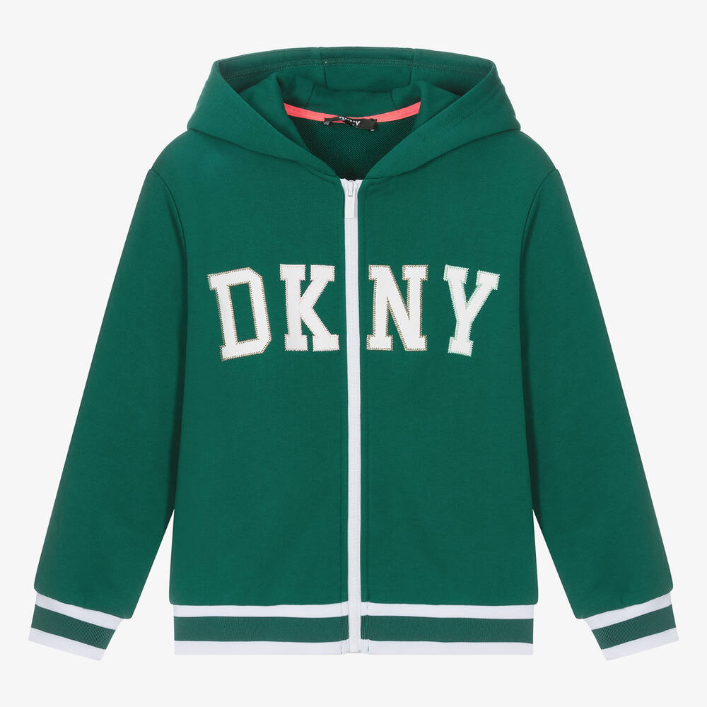DKNY - توب هودي بسحّاب قطن جيرسي لون أخضر للمراهقين | Childrensalon