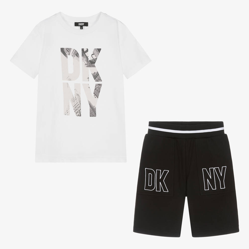 DKNY - طقم شورت قطن جيرسي لون أبيض وأسود للمراهقين | Childrensalon