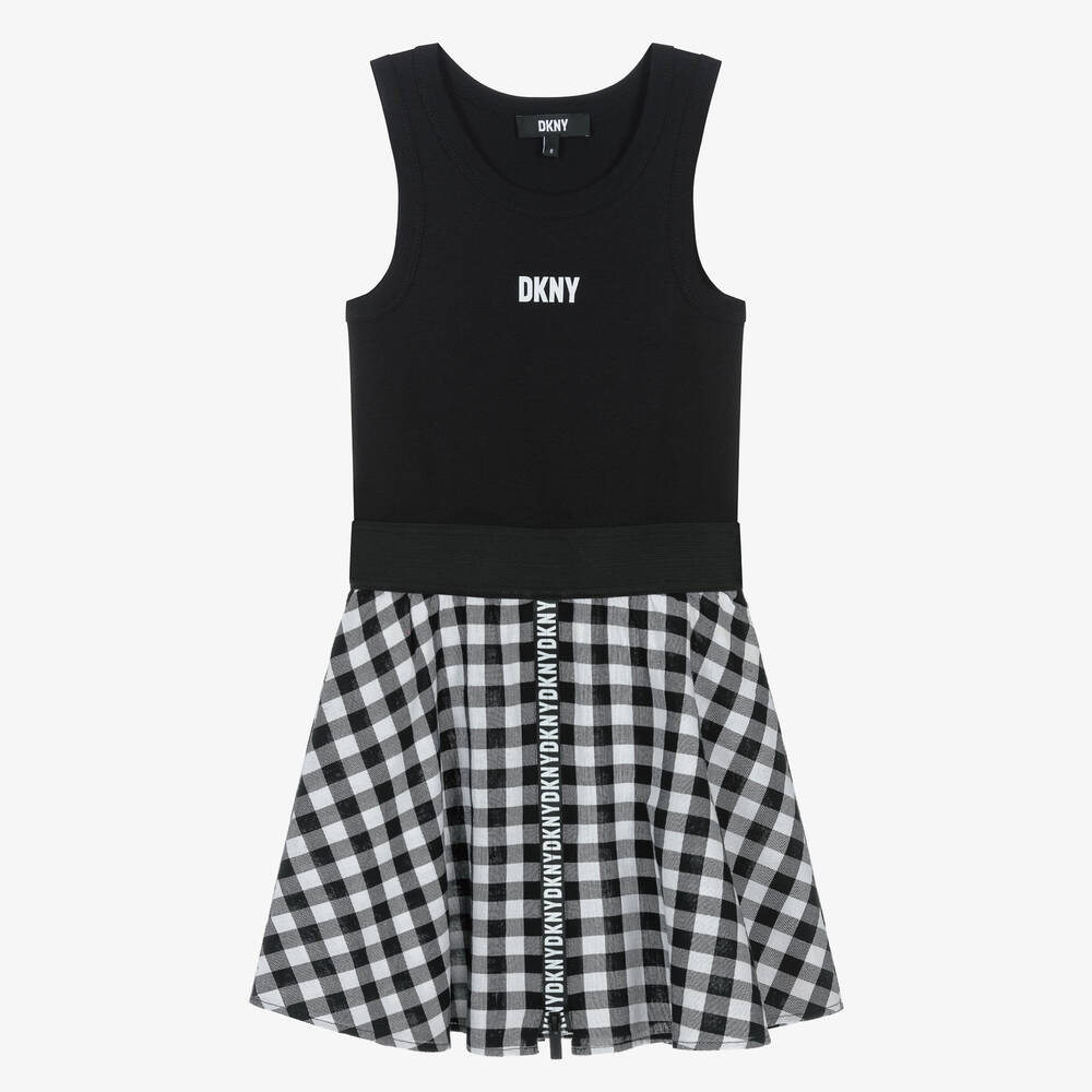 DKNY - فستان قطن جينغهام لون أسود وأبيض للمراهقات | Childrensalon