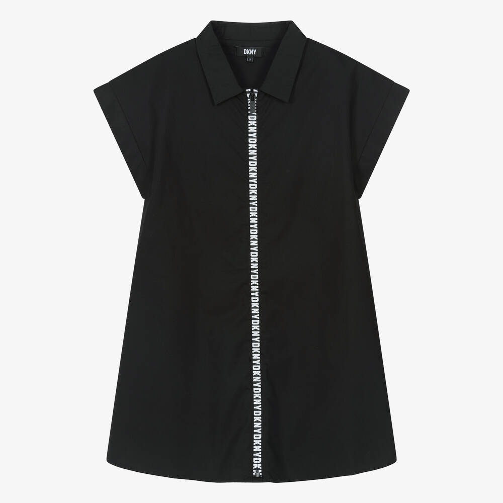 DKNY - فستان قميص قطن لون أسود للمراهقات | Childrensalon
