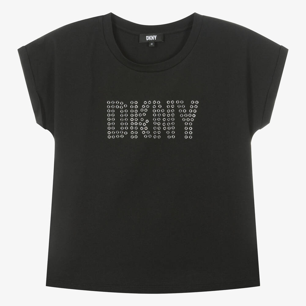 DKNY - تيشيرت قطن عضوي جيرسي لون أسود للمراهقات | Childrensalon