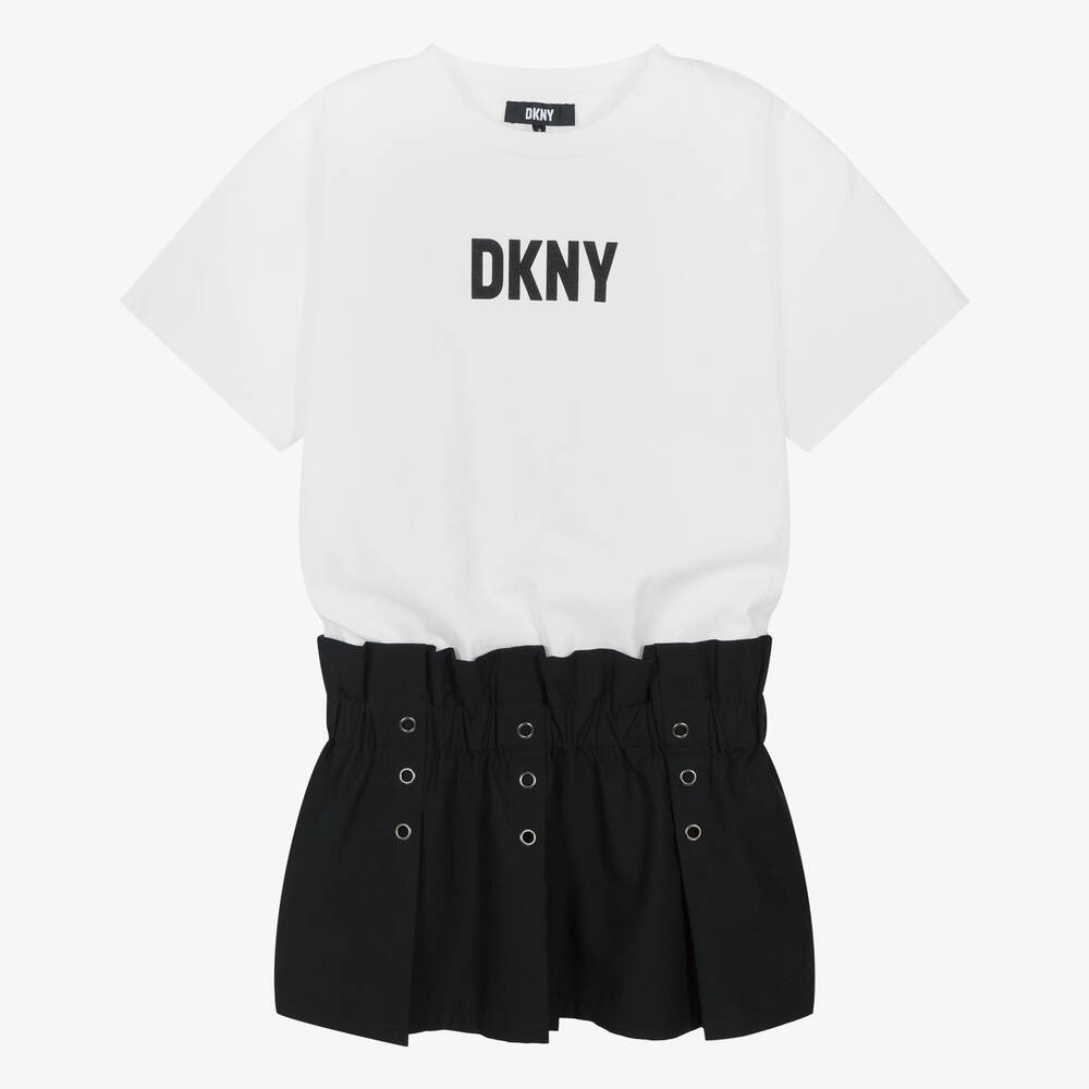 DKNY - فستان قطن لون أسود وأبيض للمراهقات | Childrensalon