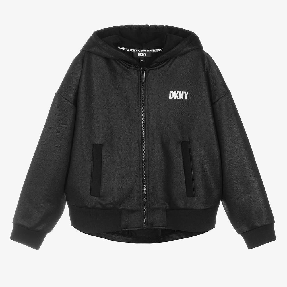 DKNY - Teen Girls Glossy Black Cotton Zip-Up Top | Childrensalon