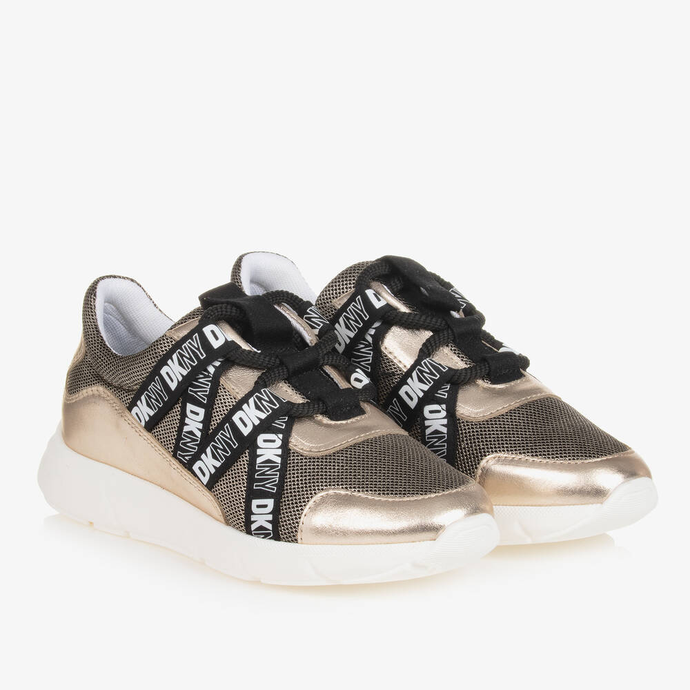 DKNY - Teen Girls Gold & Black Lace-Up Trainers | Childrensalon