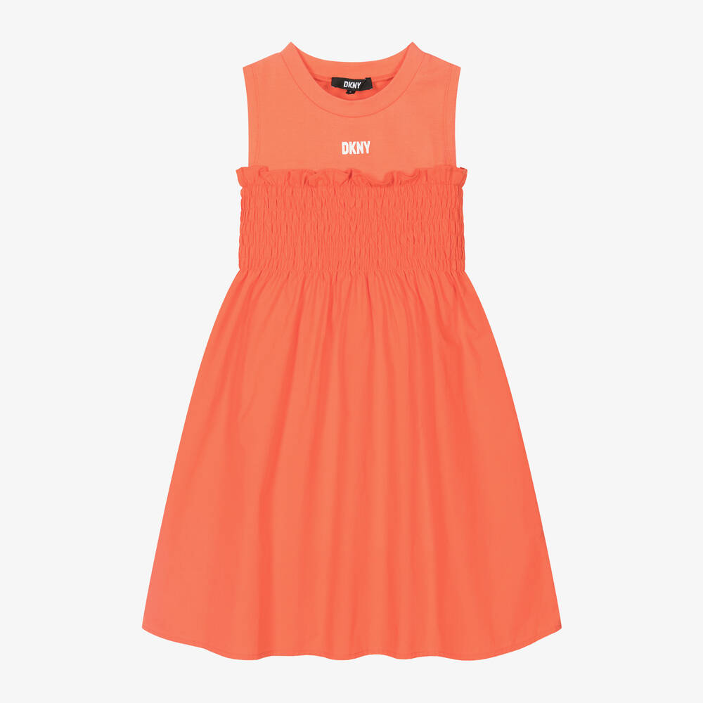 Dkny Teen Girls Orange Shirred Cotton Dress