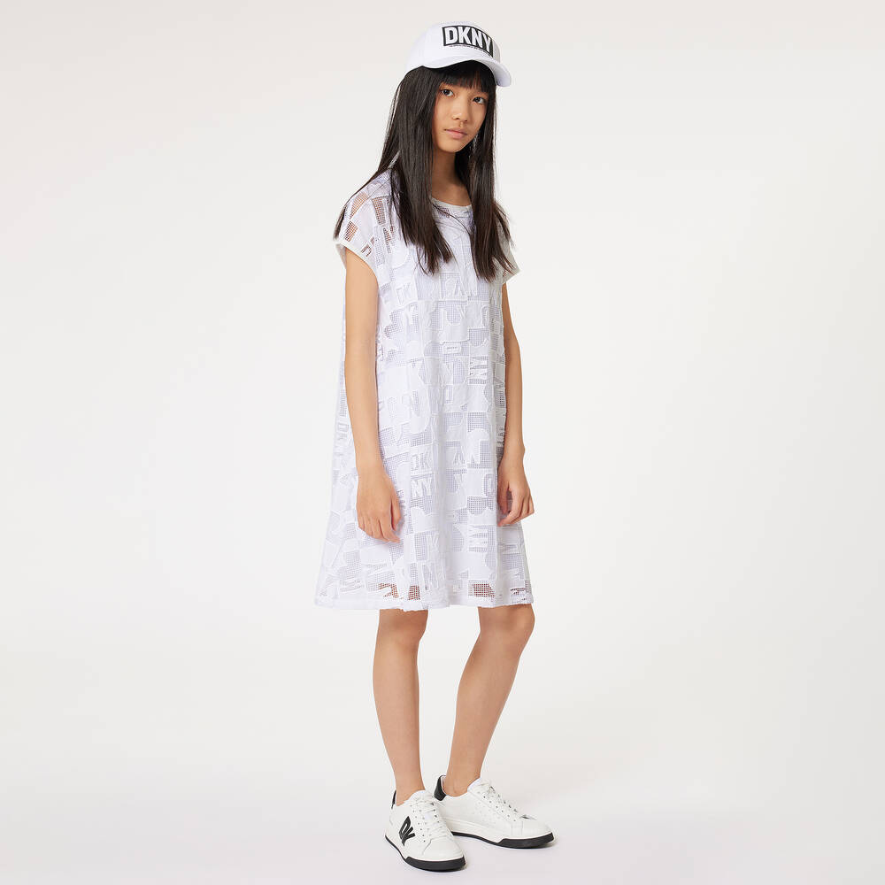 DKNY - Teen Girls White Embroidered Mesh Dress | Childrensalon