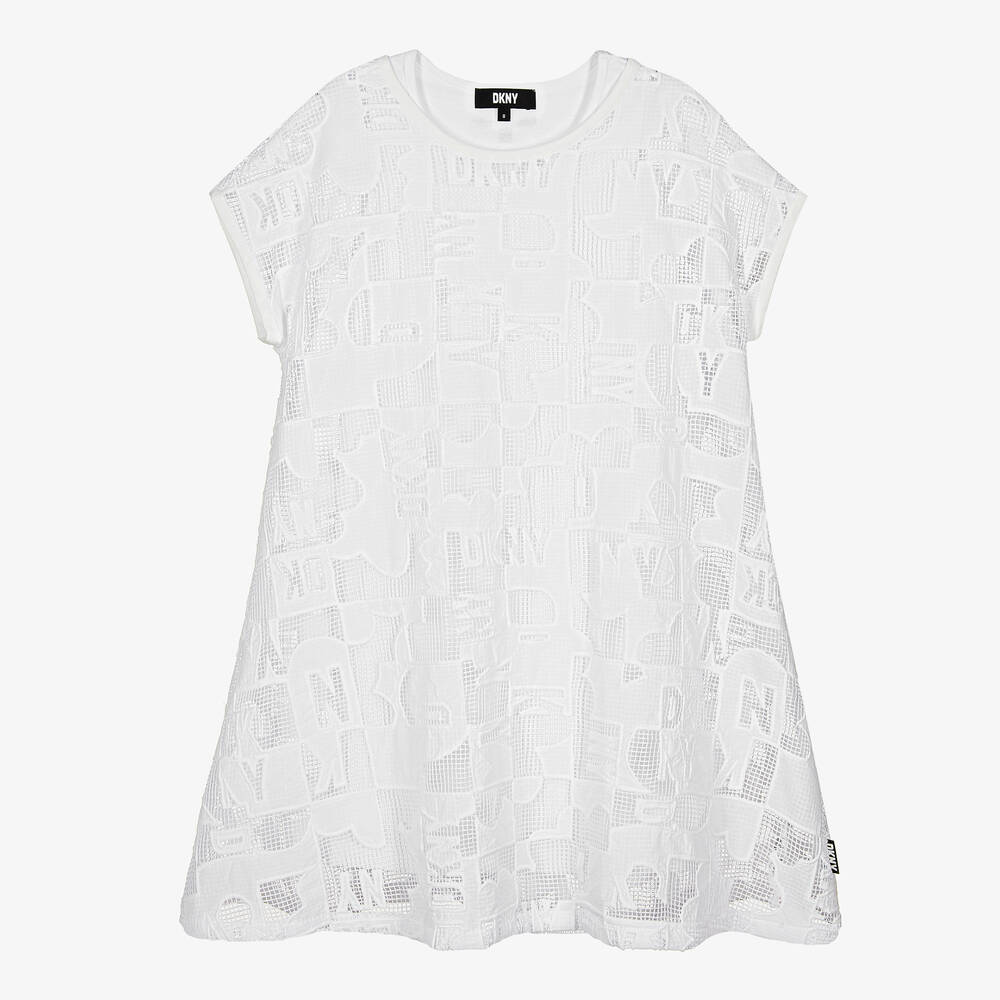 Dkny Teen Girls White Embroidered Mesh Dress