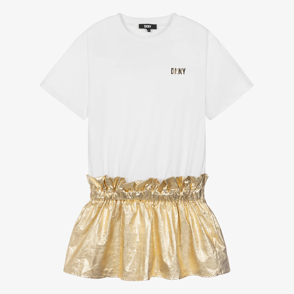 DKNY - Teen Girls White & Gold Cotton Dress | Childrensalon