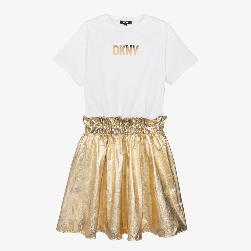 DKNY - فستان تيشيرت لون ذهبي وأبيض للمراهقات | Childrensalon