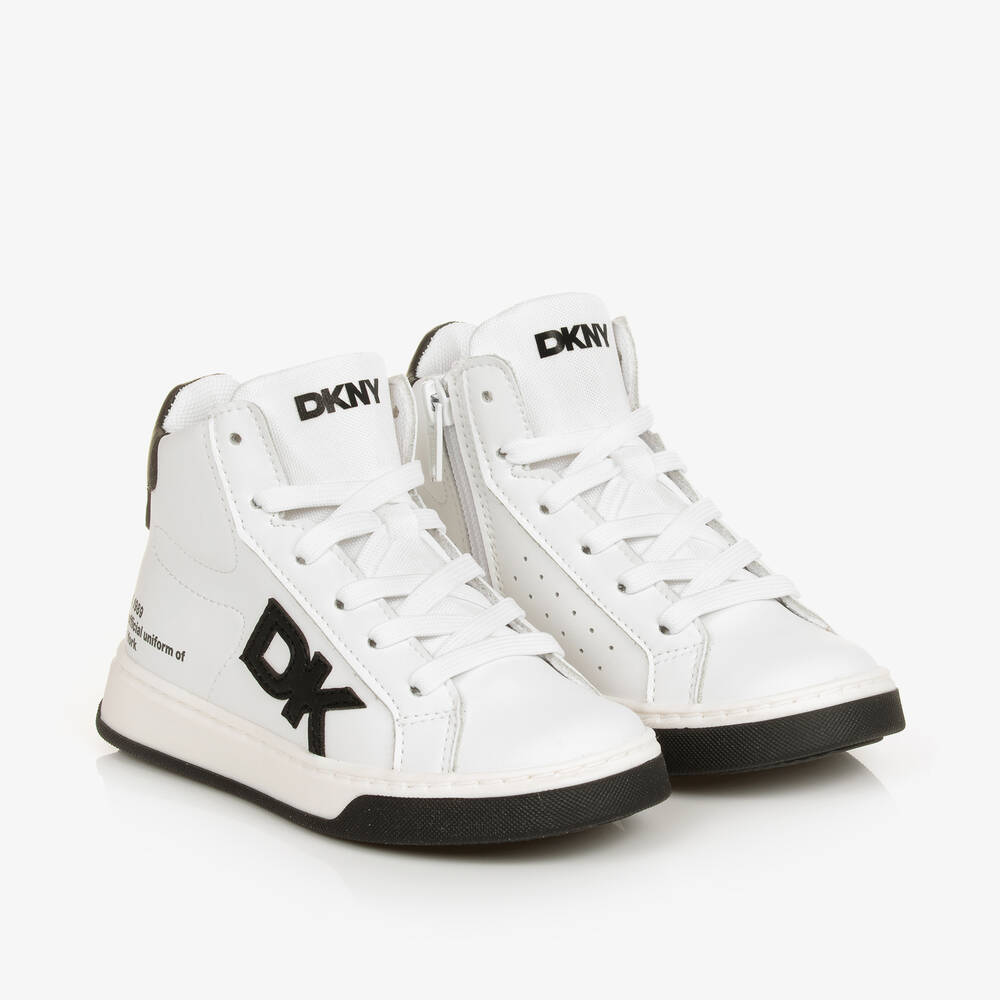 DKNY - White & Black Leather High-Top Trainers | Childrensalon