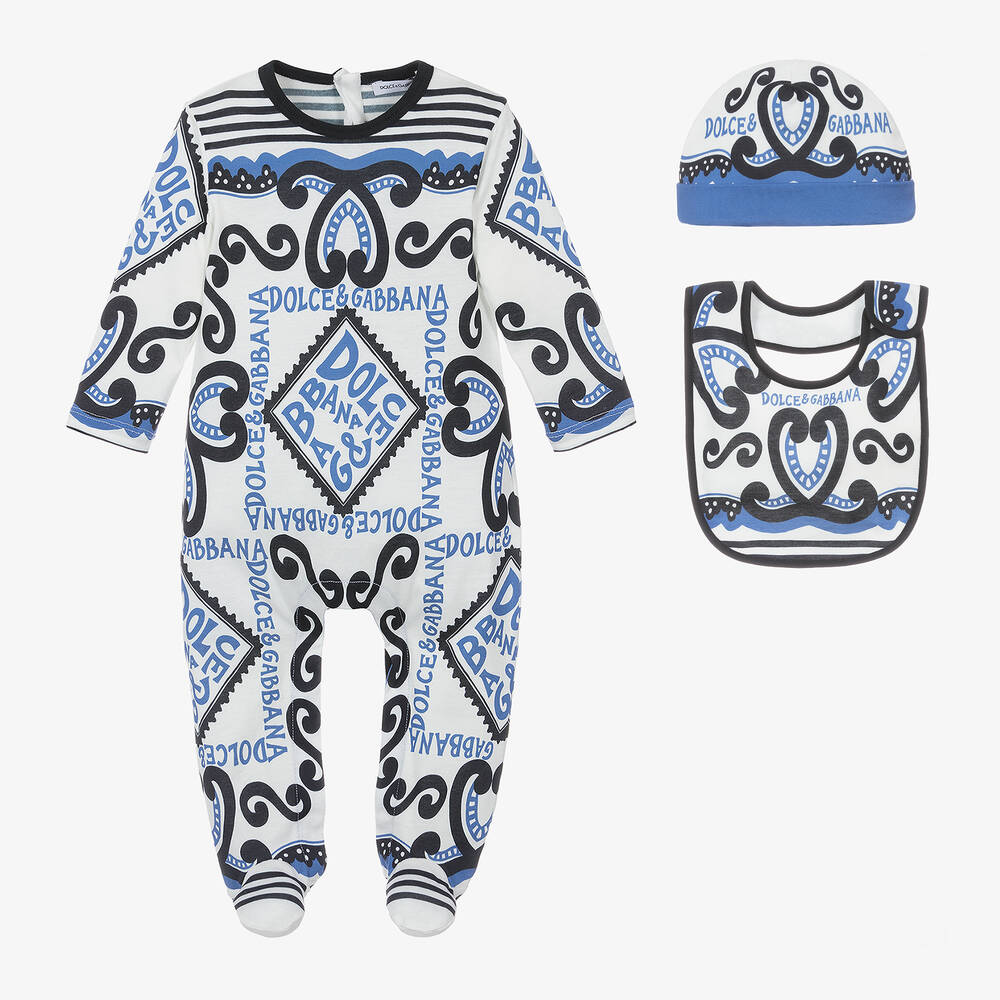 Dolce & Gabbana - طقم هدية بدلة أوفرول قطن لون أزرق وأبيض | Childrensalon