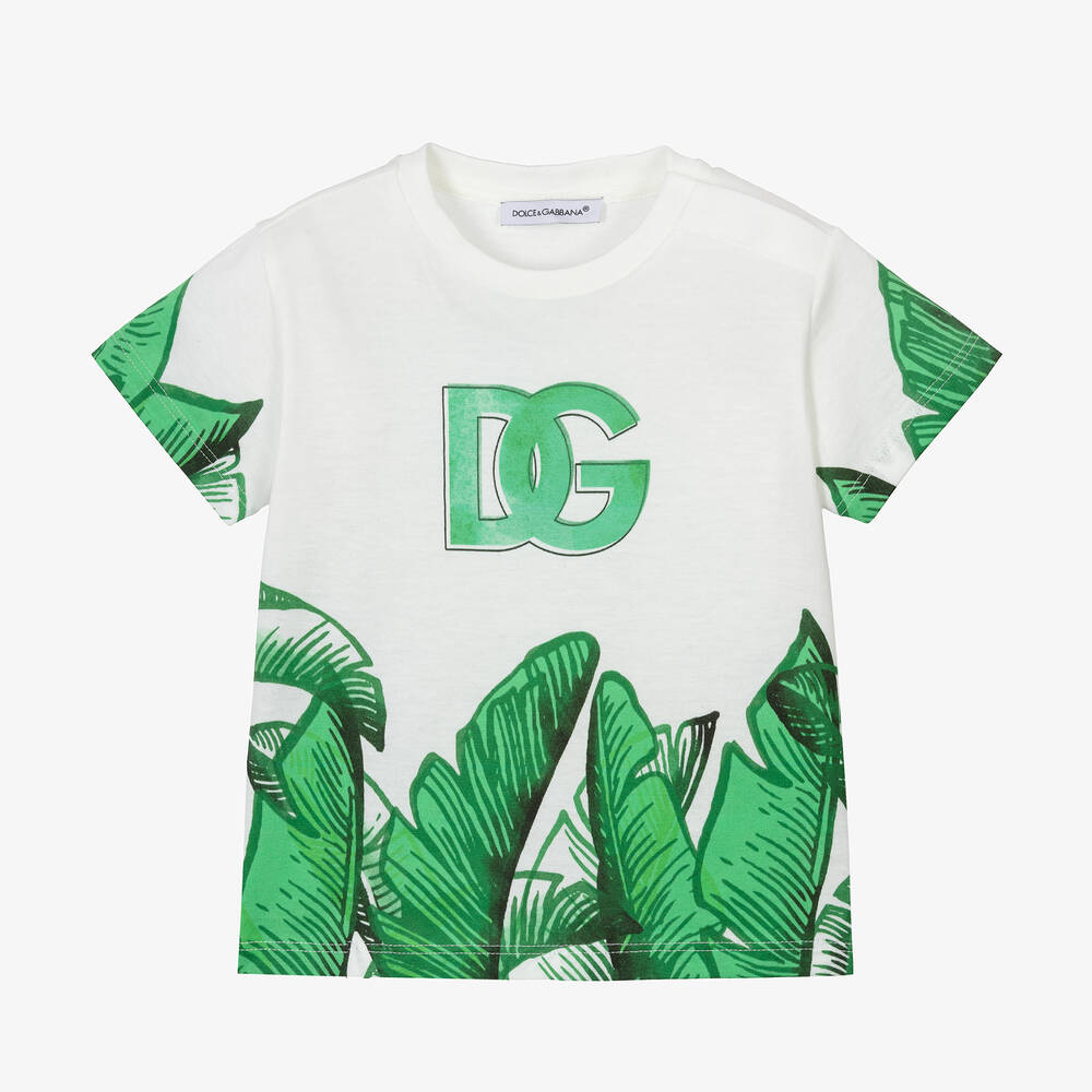 Dolce & Gabbana - تيشيرت أطفال ولادي قطن لون أبيض وأخضر | Childrensalon