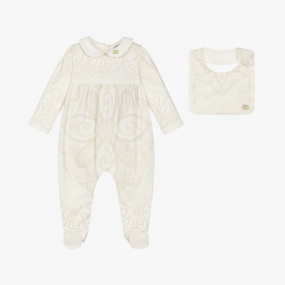 Dolce & Gabbana - Baby Girls Beige Floral Babygrow Set | Childrensalon