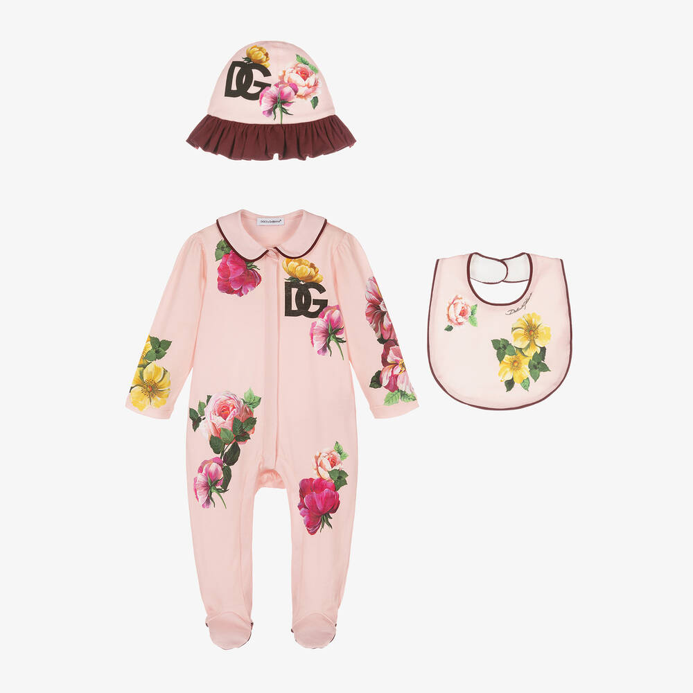 Dolce & Gabbana - طقم أفرول قطن لون زهري بطبعة ورود للمولودات | Childrensalon