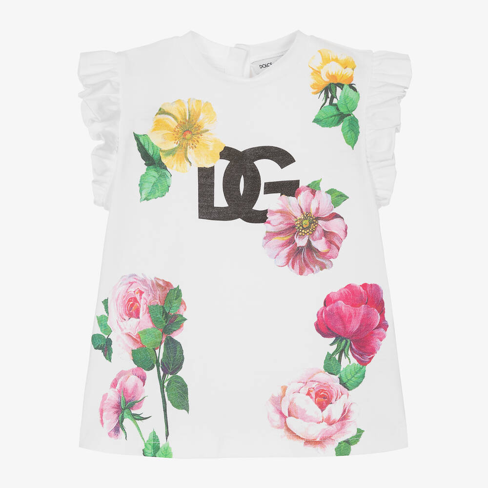 Dolce & Gabbana - Baby Girls White Cotton Floral T-Shirt | Childrensalon