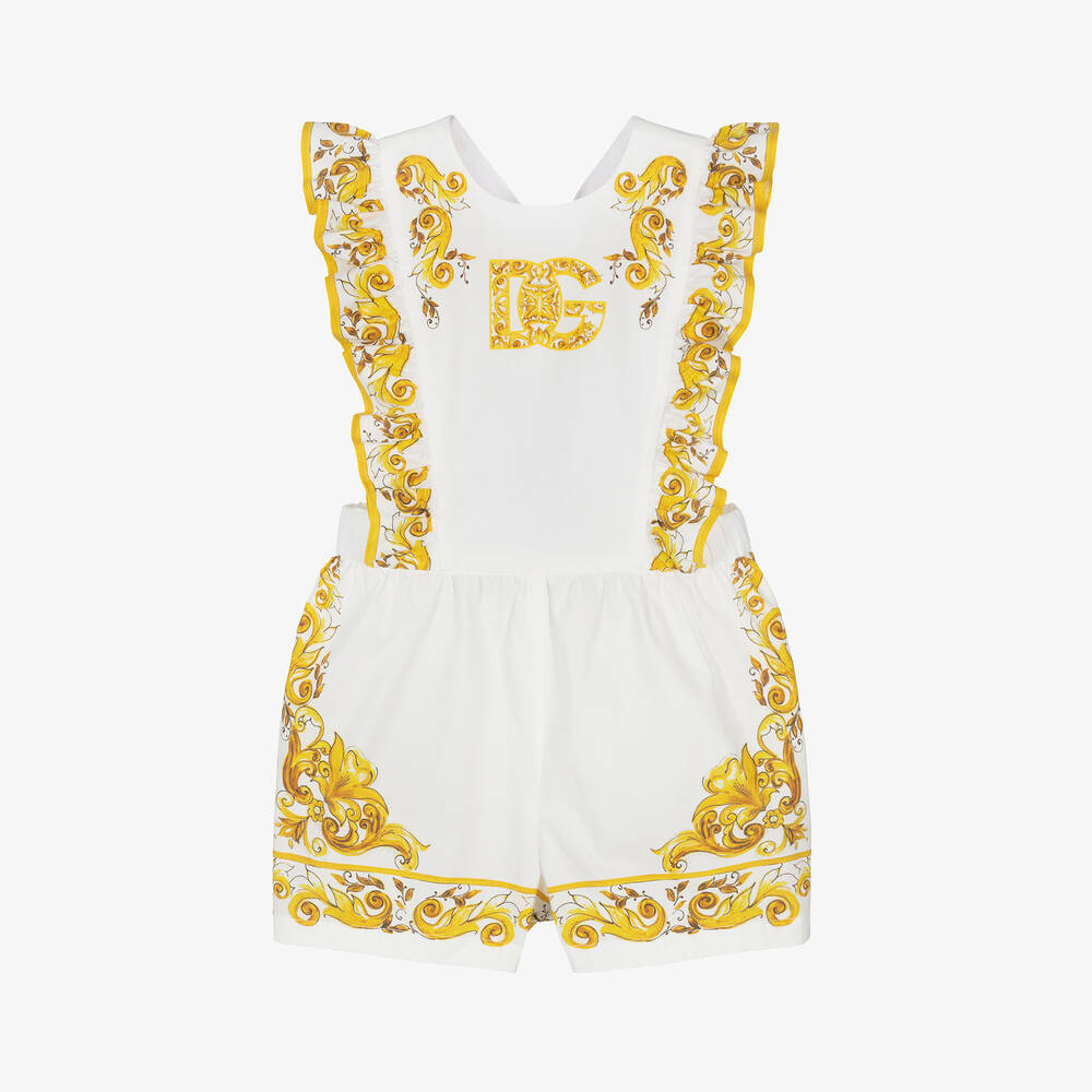Dolce & Gabbana Baby Girls White Majolica Print Cotton Shortie In Yellow