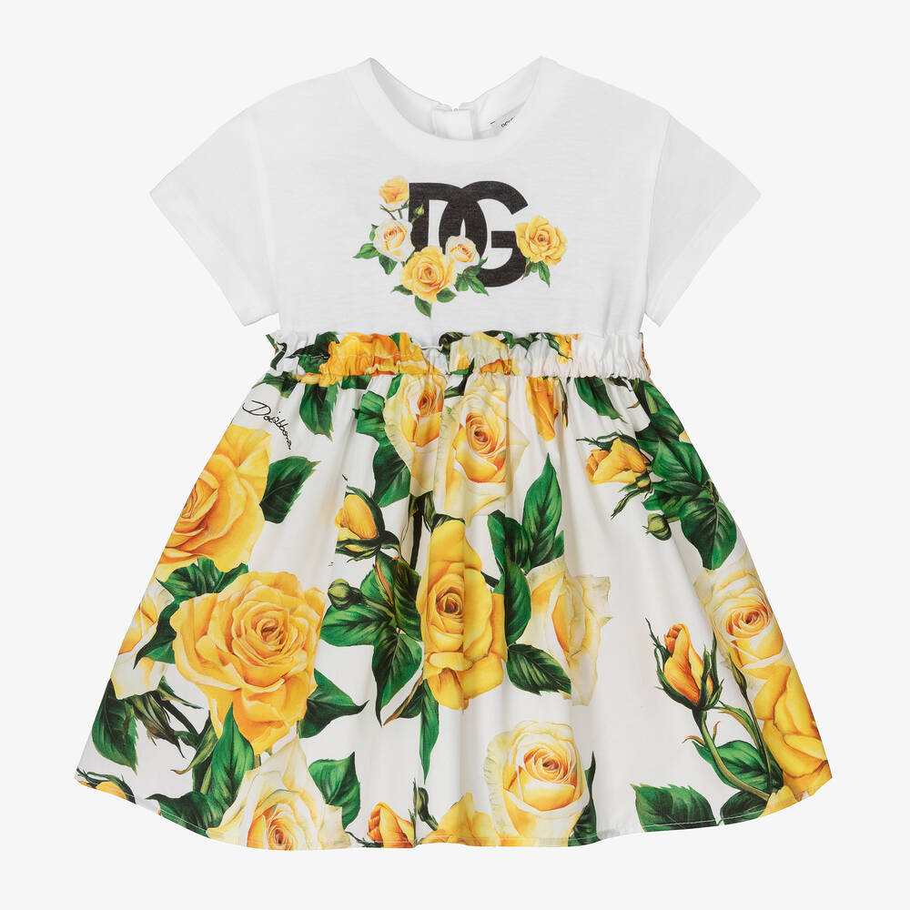 Dolce & Gabbana - Baby Girls Yellow Rose Print Cotton Dress | Childrensalon