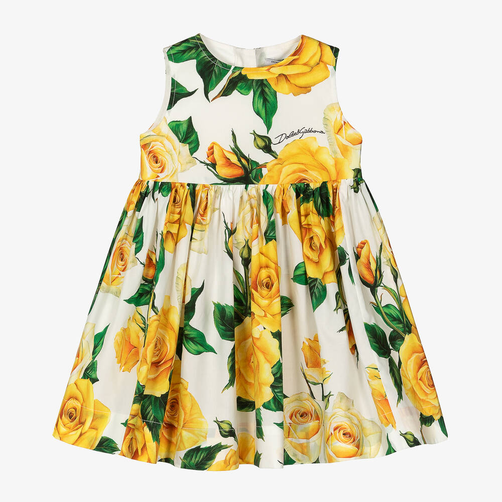Dolce & Gabbana - فستان أطفال بناتي قطن بوبلين لون أصفر وأبيض | Childrensalon