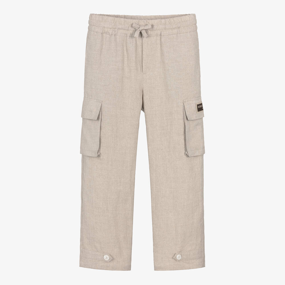 Shop Dolce & Gabbana Boys Beige Linen Cargo Trousers