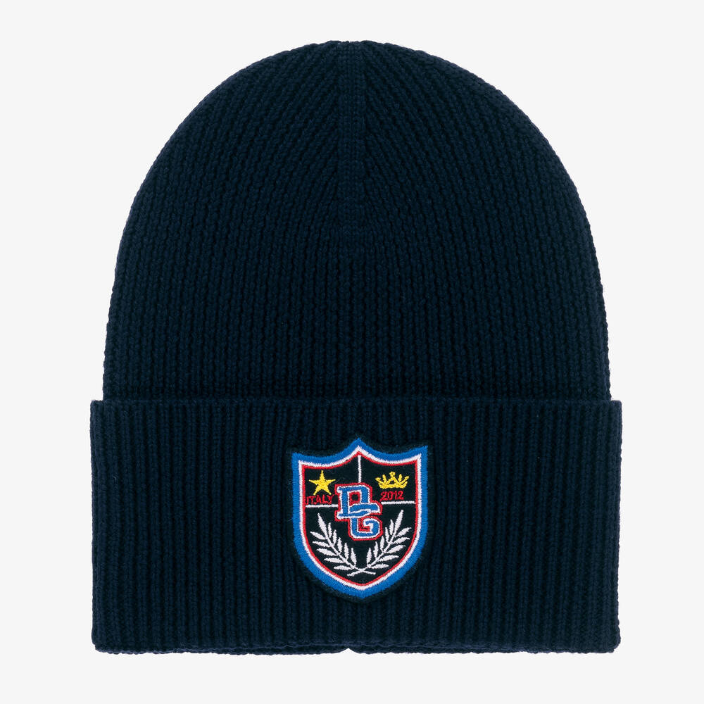 Dolce & Gabbana Kids' Knit Hat With Crest Patch In Blue