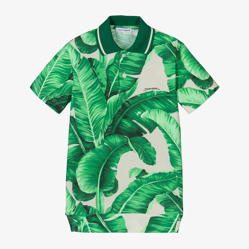 Shop Dolce & Gabbana Boys Green Cotton Leaf Polo Shirt