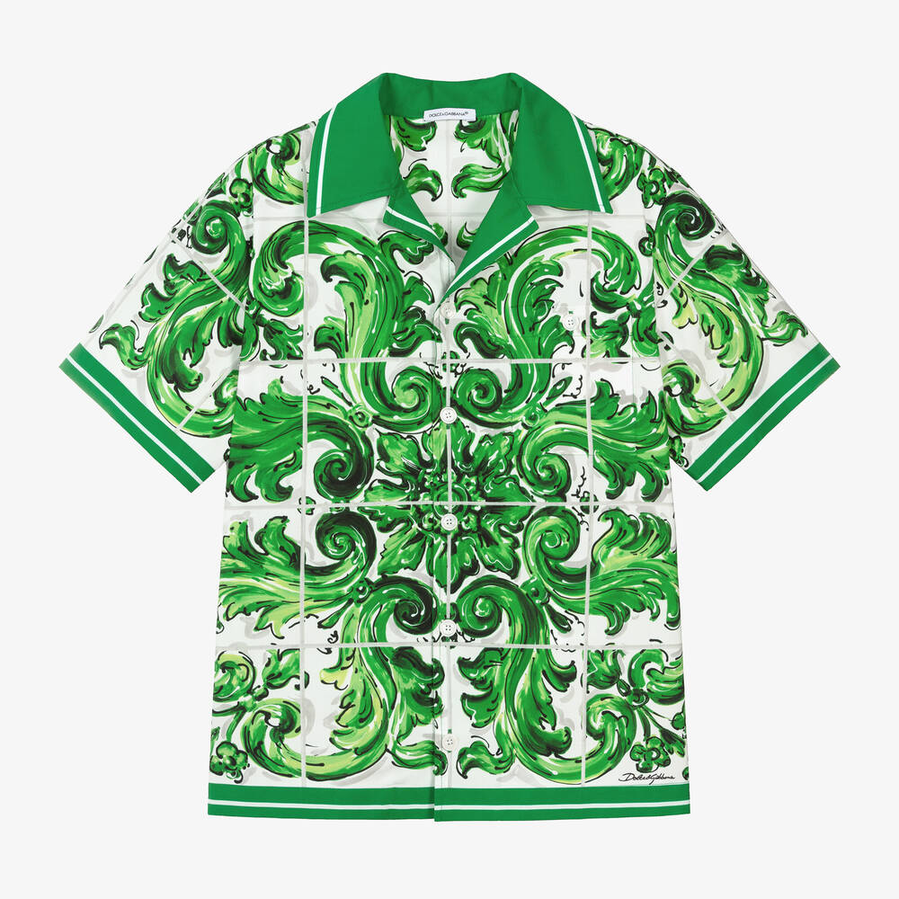 Dolce & Gabbana - Boys Green Cotton Majolica Print Shirt | Childrensalon