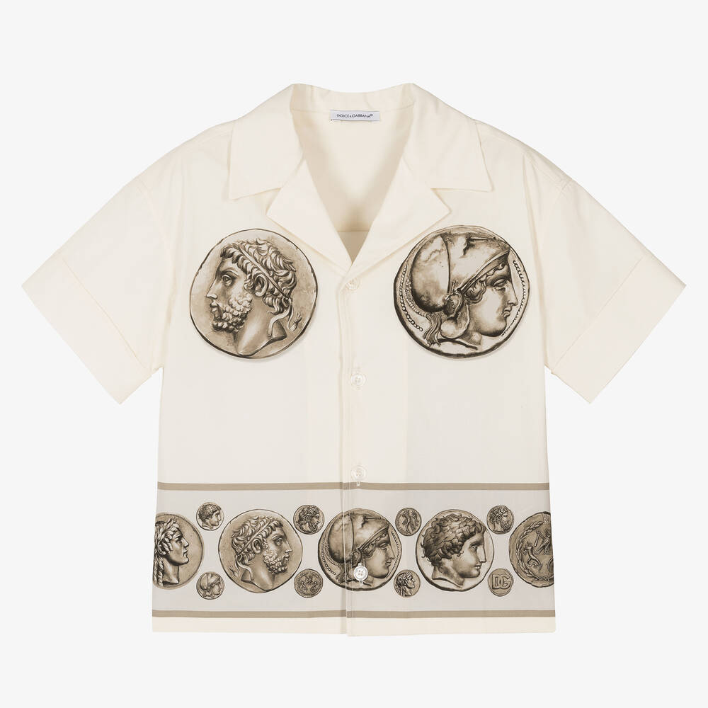 Dolce & Gabbana Kids' Hawaiian Popeline Shirt With Coin Print In Beige
