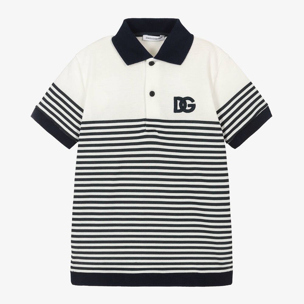 Dolce & Gabbana - Boys Navy Blue Striped Cotton Polo Shirt | Childrensalon