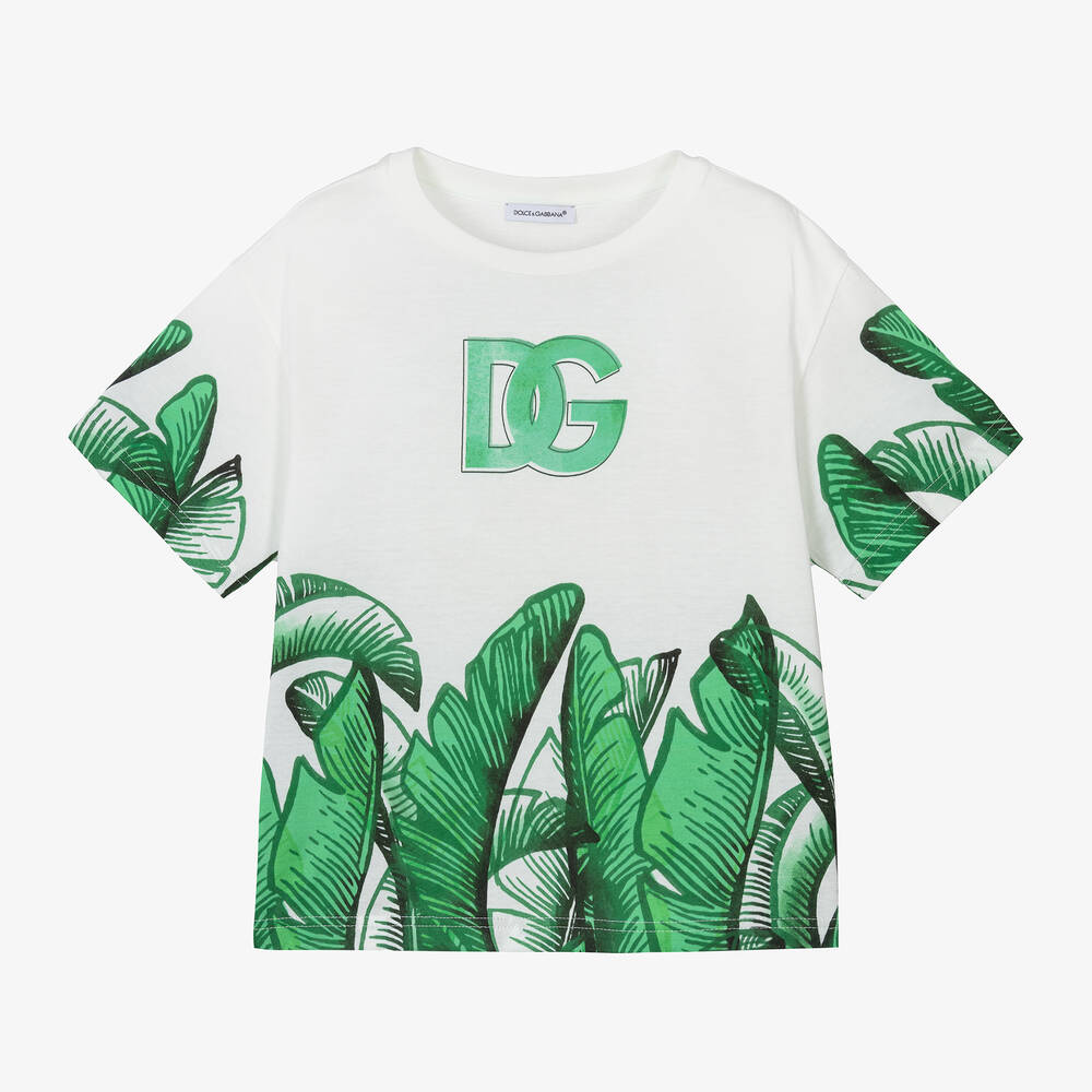 Dolce & Gabbana - Boys White Cotton Leaf T-Shirt | Childrensalon