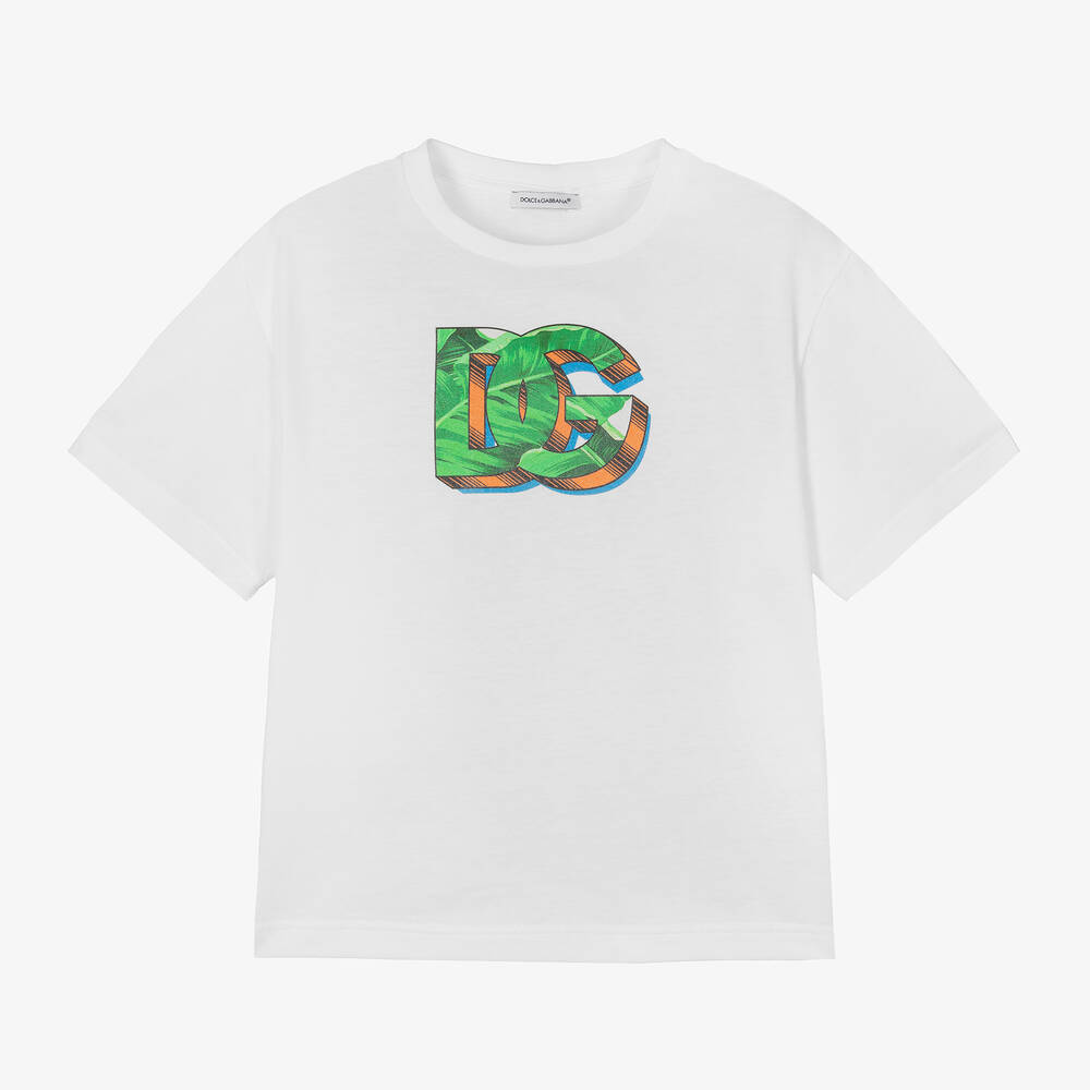 Shop Dolce & Gabbana Boys White Cotton Leaf T-shirt